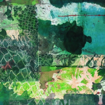 Acedia, 70 x 100 cm, Malerei Linolschnitt Collage auf Leinwand, Iris Flexer 2019