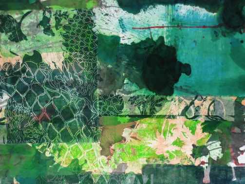 Acedia, 70 x 100 cm, Malerei Linolschnitt Collage auf Leinwand, Iris Flexer 2019