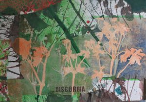 Discordia, 70 x 100 cm, Malerei Linolschnitt Collage auf Leinwand, Iris Flexer 2019