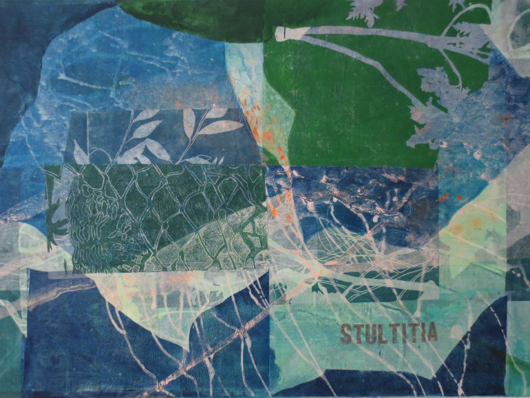 Stultitia, 2019, 70 x 100cm, Malerei/Linolschnitt/Collage auf Leinwand, Iris Flexer